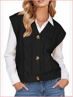 Women's Chunky Cable Knit Sleeveless Button Down V-Neck Sweater Vest Cardigan
